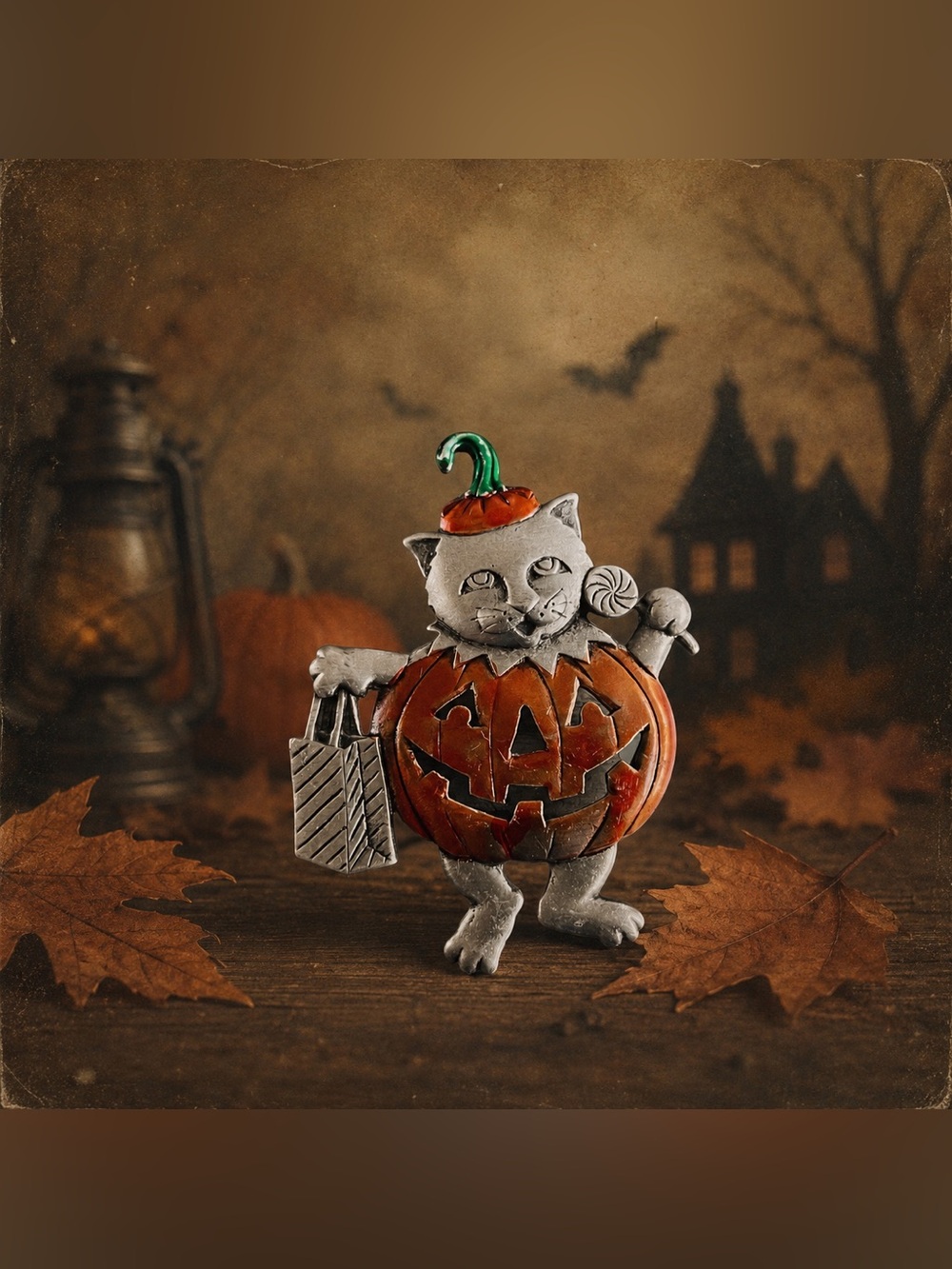 JJ Jonette Pewter Cat Pumpkin Brooch